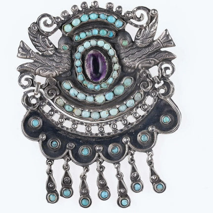 Large Vintage Matl Sterling Turquoise Amethyst repousse birds pendant/pin - Estate Fresh Austin