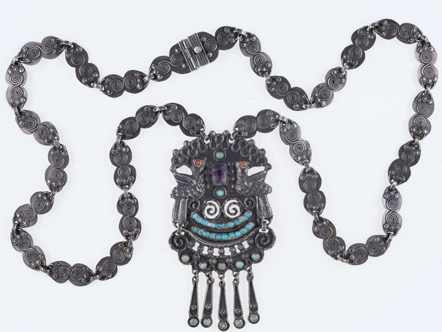 Large vintage matl style sterling turquoise amethyst and coral necklace - Estate Fresh Austin