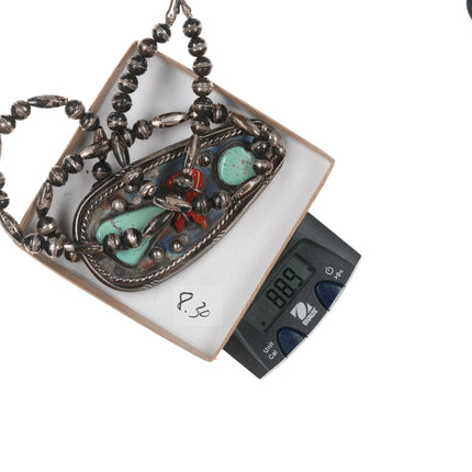 Large Vintage Native American sterling, branch coral, turquoise pendant necklace - Estate Fresh Austin