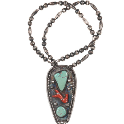 Large Vintage Native American sterling, branch coral, turquoise pendant necklace - Estate Fresh Austin