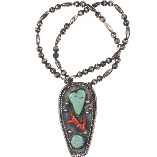 Large Vintage Native American sterling, branch coral, turquoise pendant necklace - Estate Fresh Austin