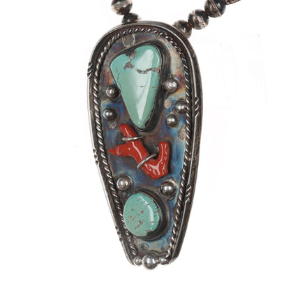 Large Vintage Native American sterling, branch coral, turquoise pendant necklace - Estate Fresh Austin