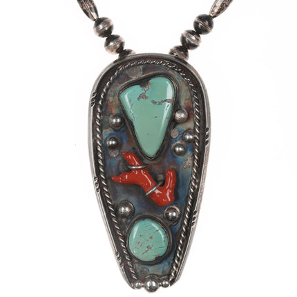 Large Vintage Native American sterling, branch coral, turquoise pendant necklace - Estate Fresh Austin