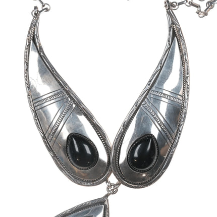 Large Vintage Native American sterling onyx hand stamped necklace - Estate Fresh Austin