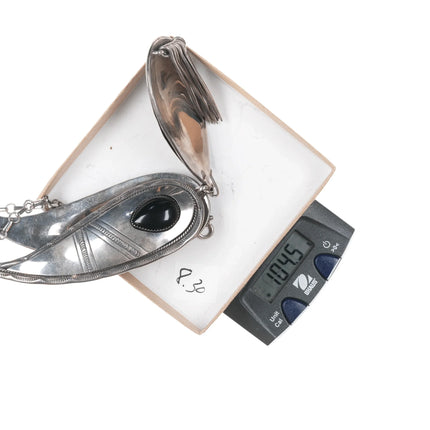 Large Vintage Native American sterling onyx hand stamped necklace - Estate Fresh Austin