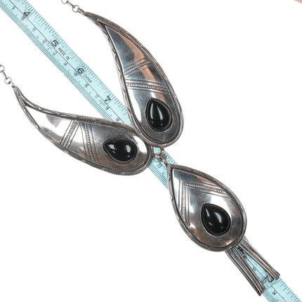 Large Vintage Native American sterling onyx hand stamped necklace - Estate Fresh Austin