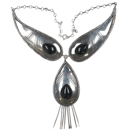 Large Vintage Native American sterling onyx hand stamped necklace - Estate Fresh Austin