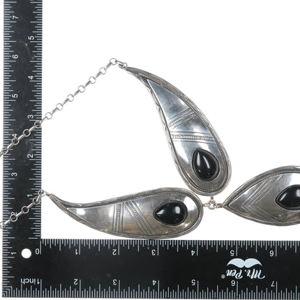 Large Vintage Native American sterling onyx hand stamped necklace - Estate Fresh Austin