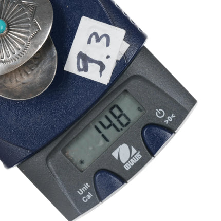 Large Vintage Navajo sterling hand stamped natural turquoise concho clip earrings - Estate Fresh Austin