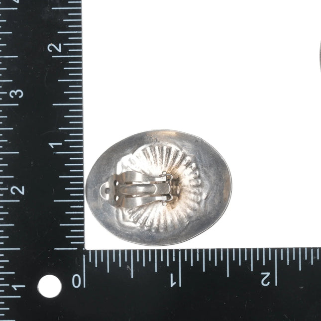 Large Vintage Navajo sterling hand stamped natural turquoise concho clip earrings - Estate Fresh Austin