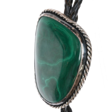 Large Vintage Sterling Malachite bolo tie with fancy tips - Estate Fresh Austin
