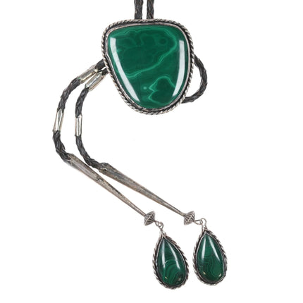 Large Vintage Sterling Malachite bolo tie with fancy tips - Estate Fresh Austin