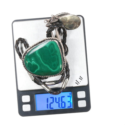 Large Vintage Sterling Malachite bolo tie with fancy tips - Estate Fresh Austin