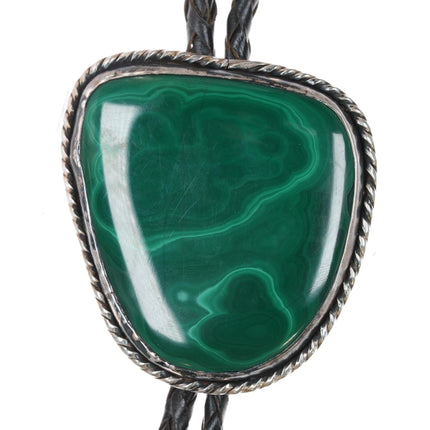 Large Vintage Sterling Malachite bolo tie with fancy tips - Estate Fresh Austin