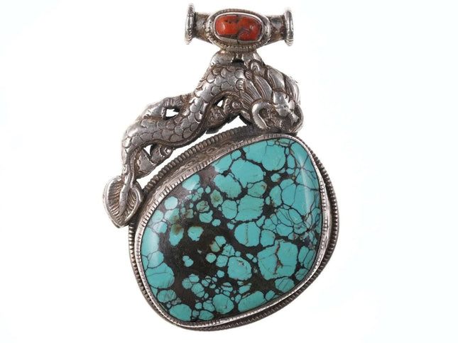 Large Vintage Tibetan Sterling Coral and Turquoise pendant - Estate Fresh Austin
