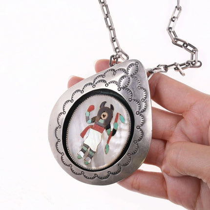 Large vintage Zuni Sterling multi-stone inlay pendant on heavy necklace - Estate Fresh Austin