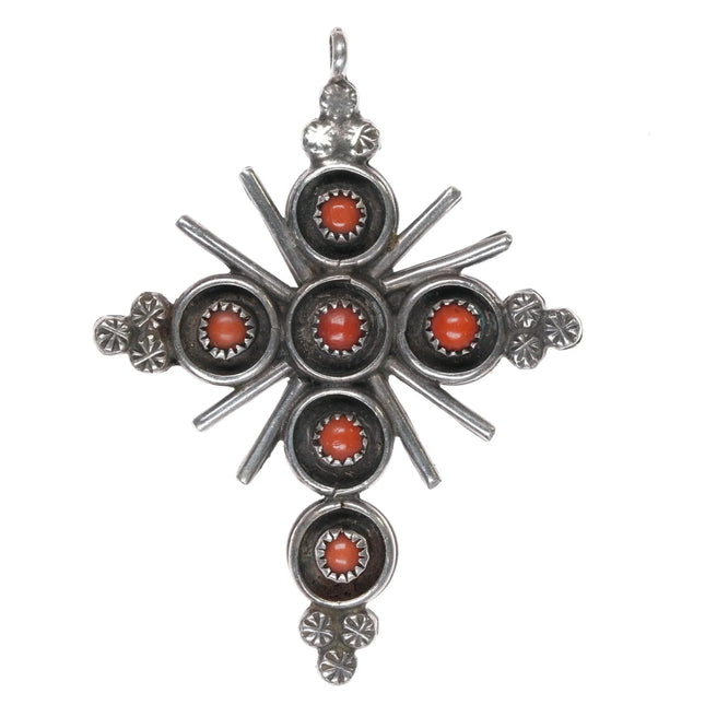 Large Vintage Zuni sterling reversible coral/turquoise snake eye cross pendant - Estate Fresh Austin