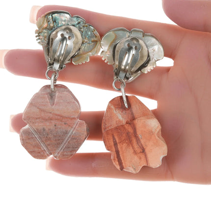Large Zuni sterling carved frog fetish clip-on earrings - Estate Fresh Austin
