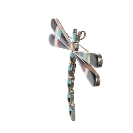 Large Zuni sterling dragonfly pendant turquoise, jet, coral, shell inlay - Estate Fresh Austin