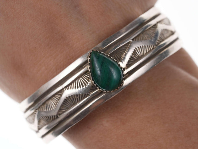 Lester Craig Heavy Stamped Navajo Sterling/Malachite Cuff bracelet - Estate Fresh Austin