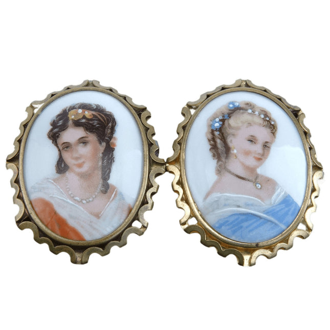 Limoges France Porcelain Portrait Brooch Pair c1950's pin - Estate Fresh Austin