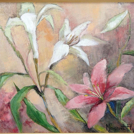 Margaret Fly (1927-2013) Listed Dallas Texas Artist Lilies Flowers Oil on Canvas - Estate Fresh Austin