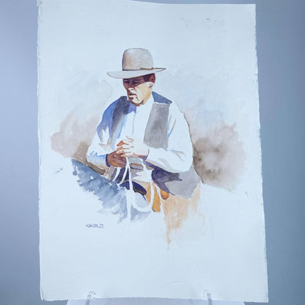 Mark Kohler Texas Artist 1997 Cowboy Watercolor Early Work - Estate Fresh Austin
