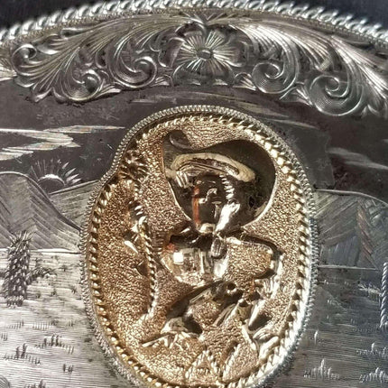 McCabe Belt Buckle Sterling & 10k Gold Cowboy with Lasso "Apple Valley Little Ne - Estate Fresh Austin