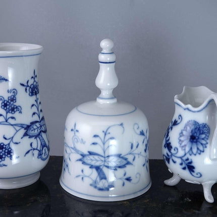 Meissen Blue Onion Bell, 3 Toe Creamer, and Vase - Estate Fresh Austin