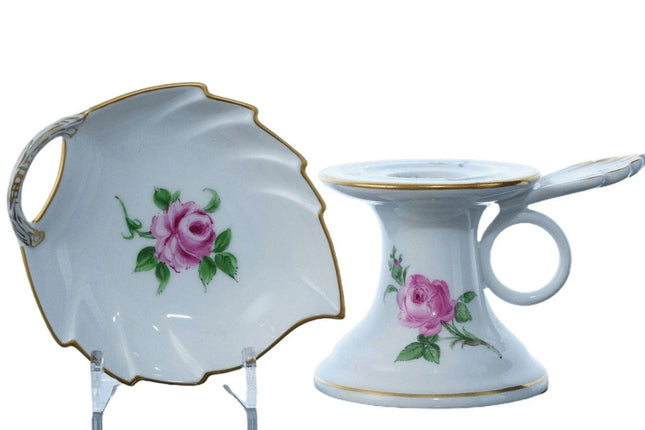 Meissen Rose Pink Chamberstick and Carl Thieme Dresden Trinket dish - Estate Fresh Austin