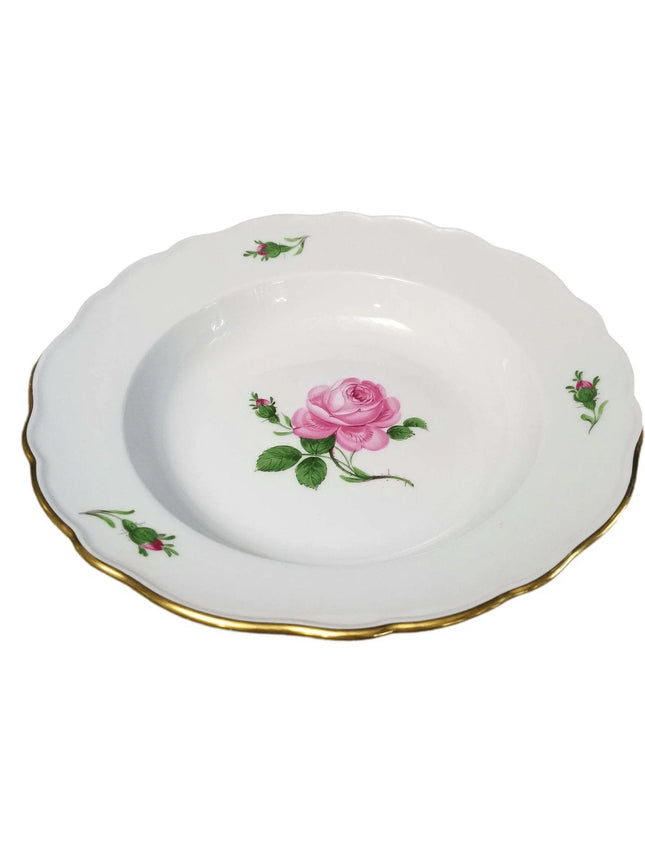Meissen Rose Pink Gold Rimmed Soup Bowl 9 3/8" Mint (multiple available) - Estate Fresh Austin