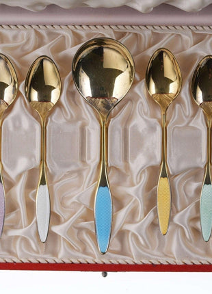 Mid Century Frigast Gilt Sterling Guilloche enamel demitasse/sugar spoon set - Estate Fresh Austin