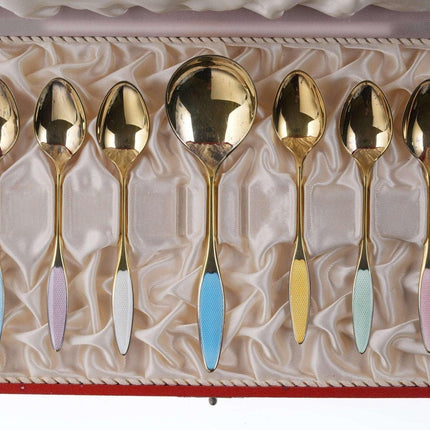 Mid Century Frigast Gilt Sterling Guilloche enamel demitasse/sugar spoon set - Estate Fresh Austin