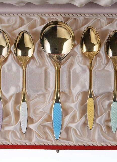 Mid Century Frigast Gilt Sterling Guilloche enamel demitasse/sugar spoon set - Estate Fresh Austin