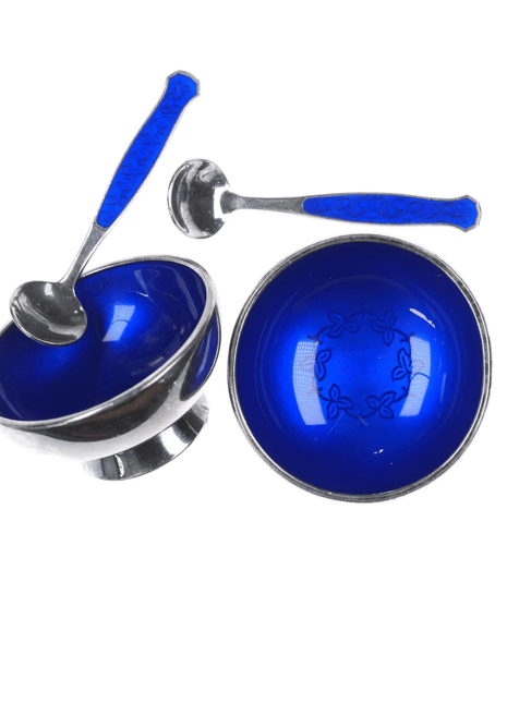 Mid Century Meka Danish Sterling cobalt enamel Master salt and spoon set - Estate Fresh Austin