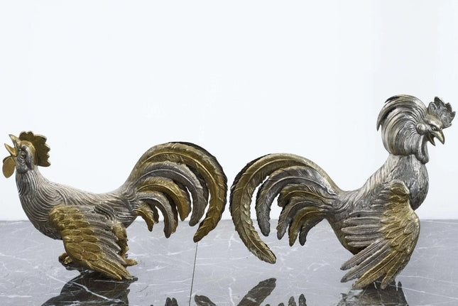 Mid Century Spain 915 Silver Fighter Roosters Table Ornaments - Estate Fresh Austin