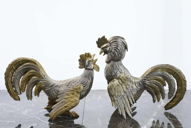 Mid Century Spain 915 Silver Fighter Roosters Table Ornaments - Estate Fresh Austin