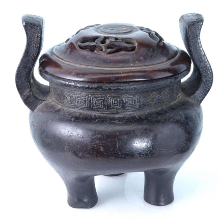 Ming Dynasty Chinese Bronze Tripod Censer with Greek Fret Rim - Estate Fresh Austin