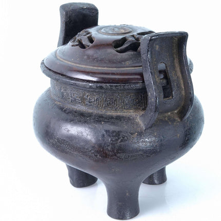 Ming Dynasty Chinese Bronze Tripod Censer with Greek Fret Rim - Estate Fresh Austin