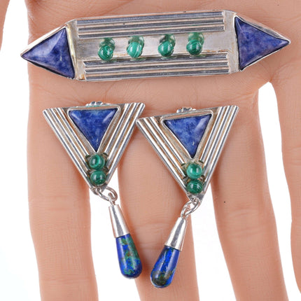 Modernist Sterling Azurite, Malachite, and Sodalite earrings/pin set - Estate Fresh Austin