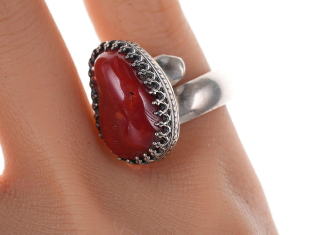 Nakai Native American Mediterranean Coral sterling ring with fancy bezel - Estate Fresh Austin