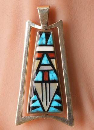 Native American 14k Gold Spiderweb turquoise/Channel inlay spinner pendant - Estate Fresh Austin