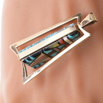 Native American 14k Gold Spiderweb turquoise/Channel inlay spinner pendant - Estate Fresh Austin