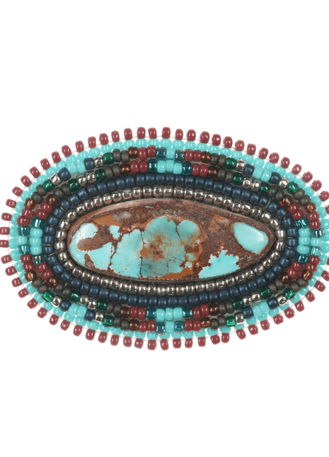 Native American high grade turquoise, leather and beaded pin - Estate Fresh Austin