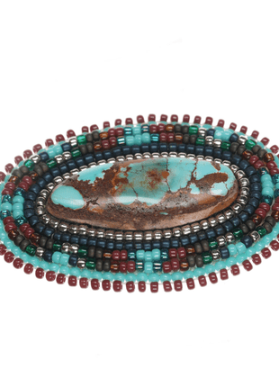 Native American high grade turquoise, leather and beaded pin - Estate Fresh Austin