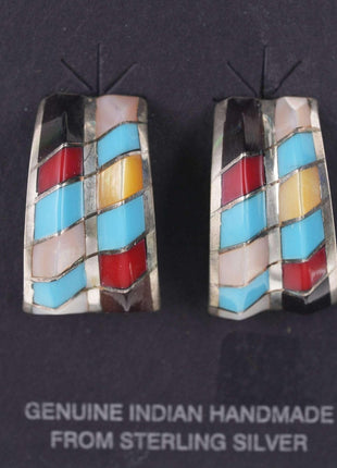 Native American Sterling Multi - stone channel inlay hoop earrings - Estate Fresh Austin