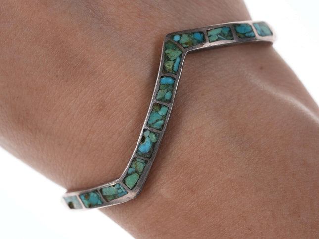 Native American Sterling/turquoise Chip channel inlay cuff bracelet h - Estate Fresh Austin