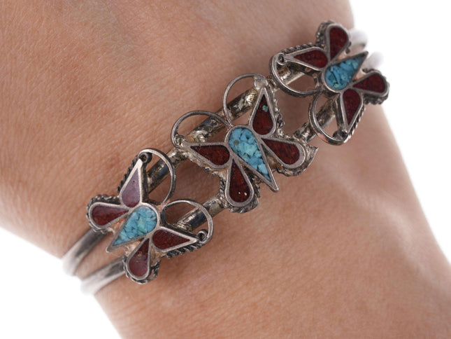 Native American Sterling/turquoise/Coral Chip inlay butterfly cuff bracelet - Estate Fresh Austin