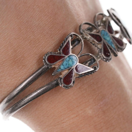 Native American Sterling/turquoise/Coral Chip inlay butterfly cuff bracelet - Estate Fresh Austin