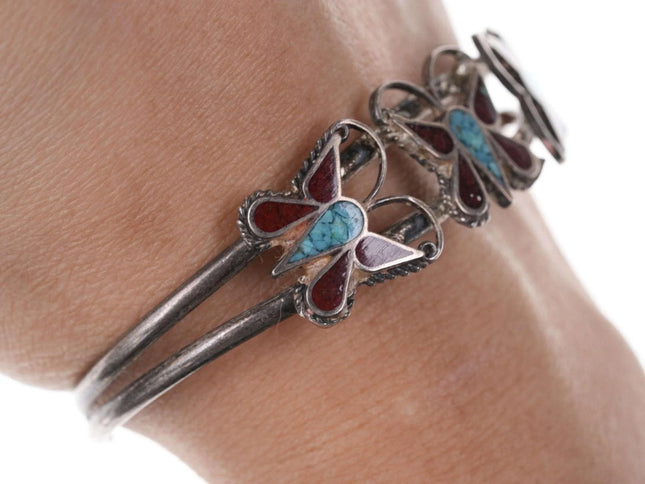 Native American Sterling/turquoise/Coral Chip inlay butterfly cuff bracelet - Estate Fresh Austin